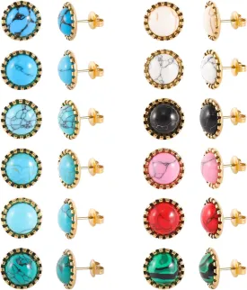 12 Pairs Multi Gemstone Turquoise Stud Earrings Gold Plated Stainless Steel Gem Stone Stud Earrings Set for Women