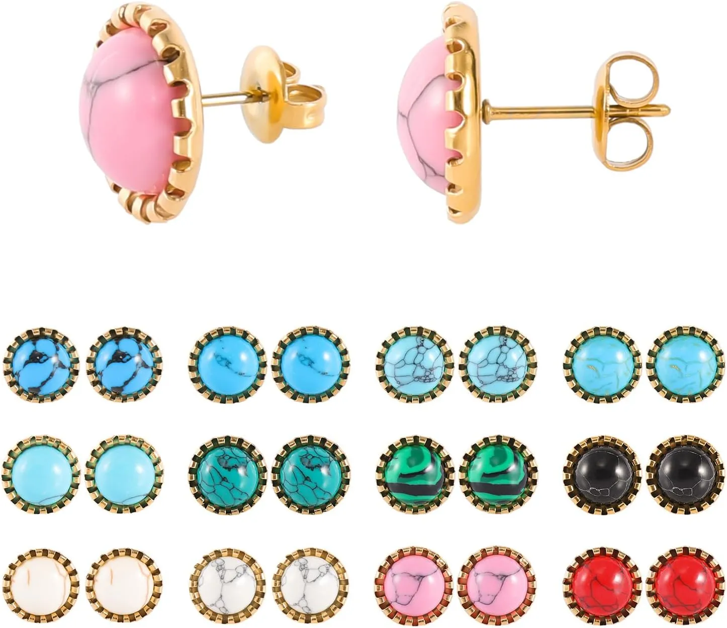 12 Pairs Multi Gemstone Turquoise Stud Earrings Gold Plated Stainless Steel Gem Stone Stud Earrings Set for Women