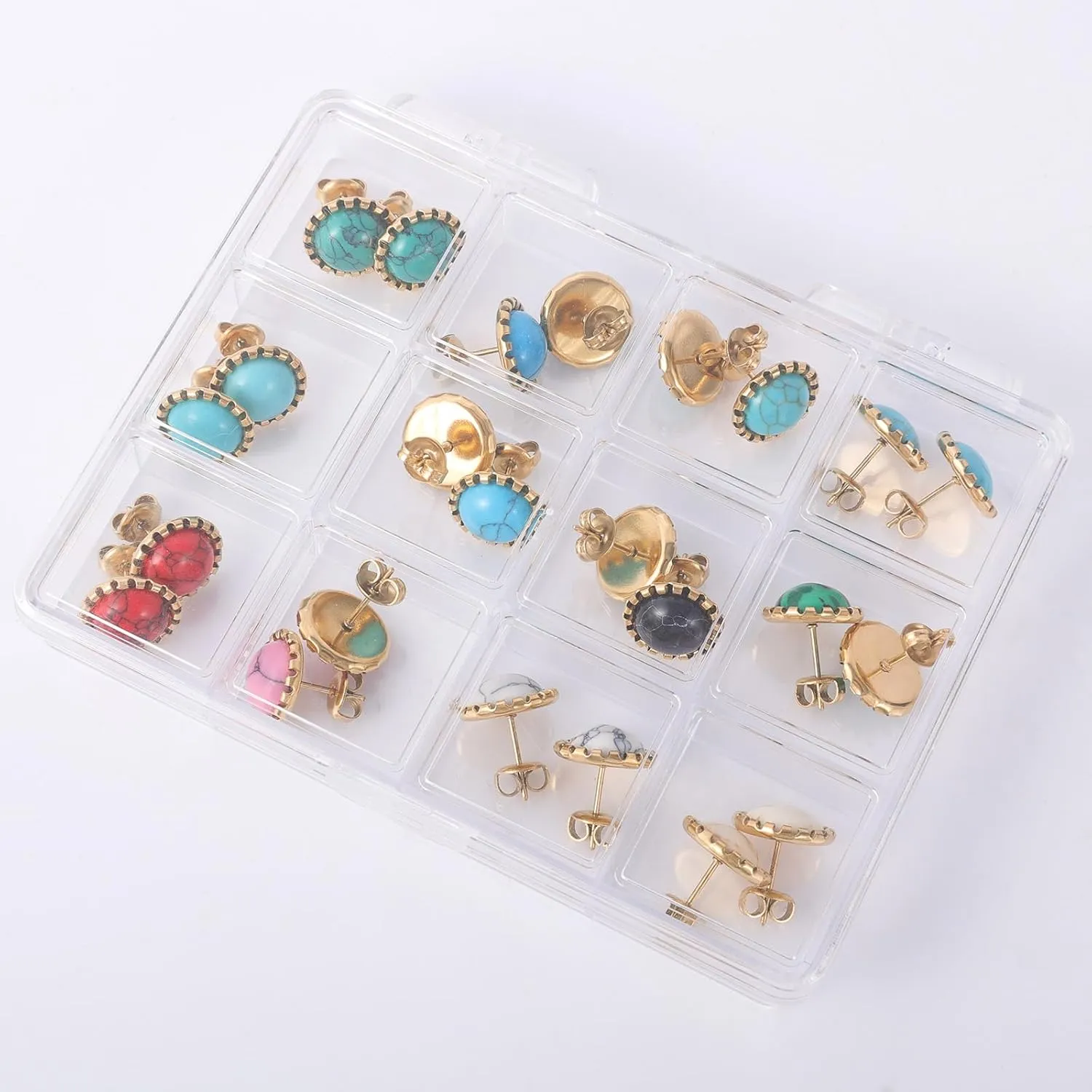 12 Pairs Multi Gemstone Turquoise Stud Earrings Gold Plated Stainless Steel Gem Stone Stud Earrings Set for Women