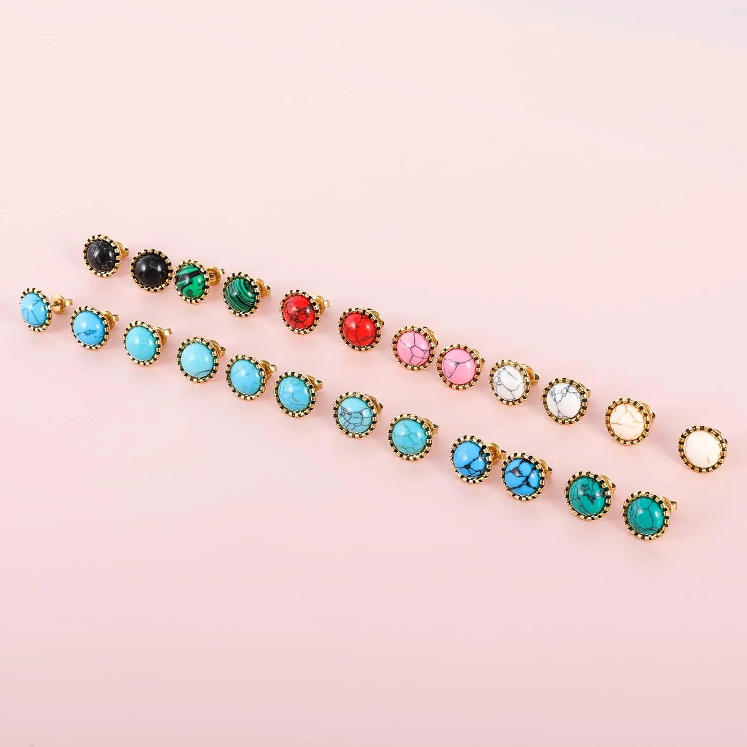 12 Pairs Multi Gemstone Turquoise Stud Earrings Gold Plated Stainless Steel Gem Stone Stud Earrings Set for Women