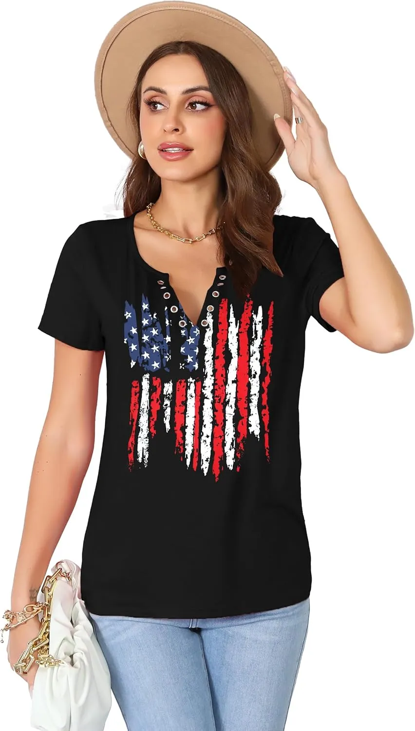 American Flag Shirt Tops Womens 4th of July T-Shirts Ring Hole Short Sleeve Sexy V-Neck Patriotic Tees