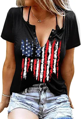 American Flag Shirt Tops Womens 4th of July T-Shirts Ring Hole Short Sleeve Sexy V-Neck Patriotic Tees