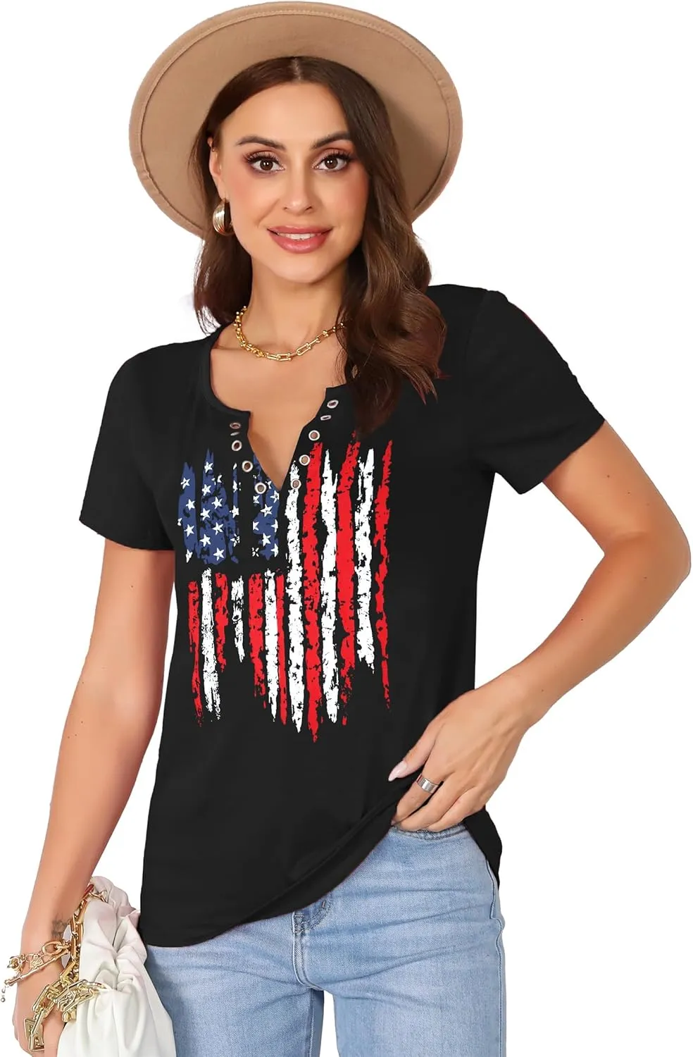 American Flag Shirt Tops Womens 4th of July T-Shirts Ring Hole Short Sleeve Sexy V-Neck Patriotic Tees