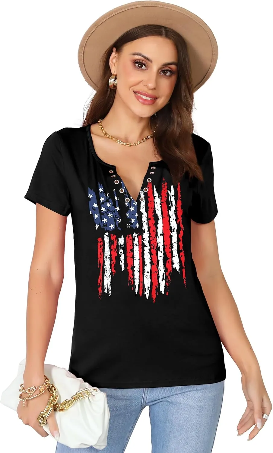 American Flag Shirt Tops Womens 4th of July T-Shirts Ring Hole Short Sleeve Sexy V-Neck Patriotic Tees