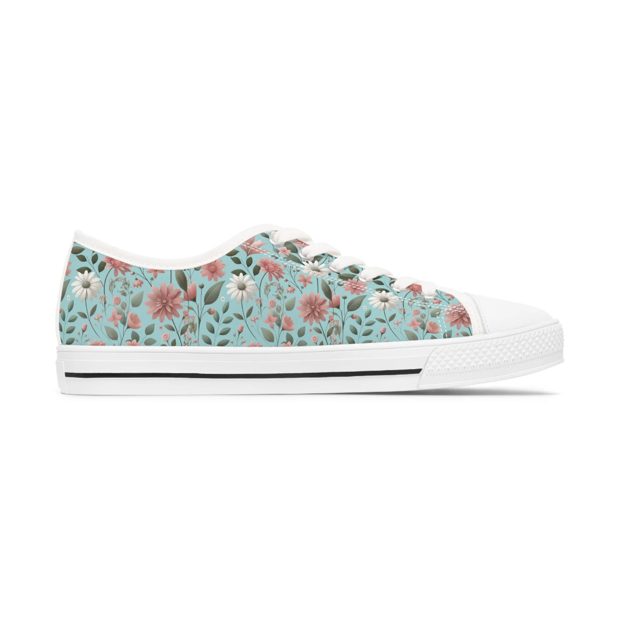 Aqua and Pink Floral Women's Low Top Sneakers Breathable Polyester Canvas, Lightweight Stylish Floral Pastel Design, Comfortable All-Day Wear, Perfect for Walking and Everyday Activities