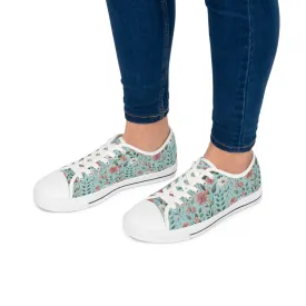 Aqua and Pink Floral Women's Low Top Sneakers Breathable Polyester Canvas, Lightweight Stylish Floral Pastel Design, Comfortable All-Day Wear, Perfect for Walking and Everyday Activities