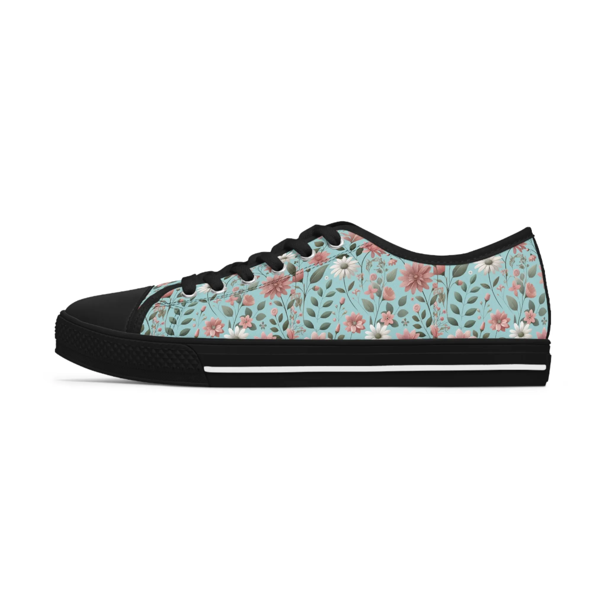Aqua and Pink Floral Women's Low Top Sneakers Breathable Polyester Canvas, Lightweight Stylish Floral Pastel Design, Comfortable All-Day Wear, Perfect for Walking and Everyday Activities
