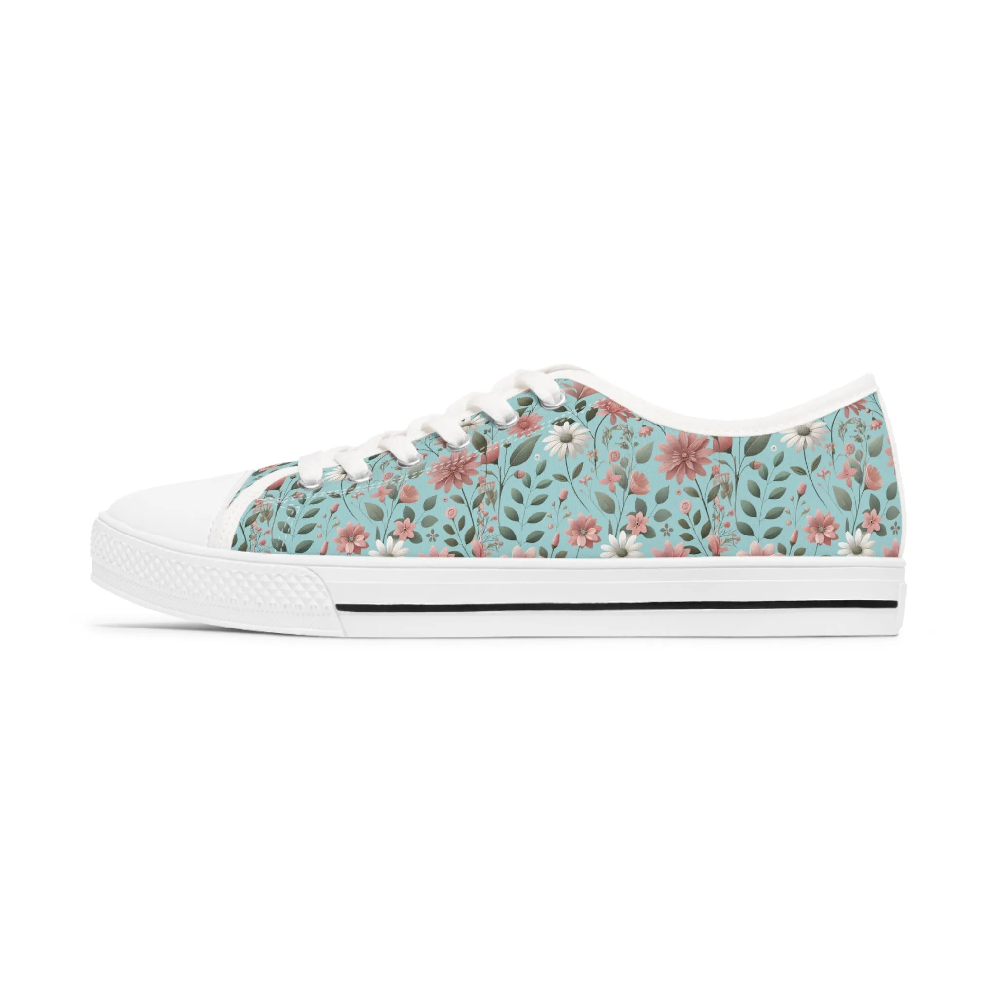 Aqua and Pink Floral Women's Low Top Sneakers Breathable Polyester Canvas, Lightweight Stylish Floral Pastel Design, Comfortable All-Day Wear, Perfect for Walking and Everyday Activities