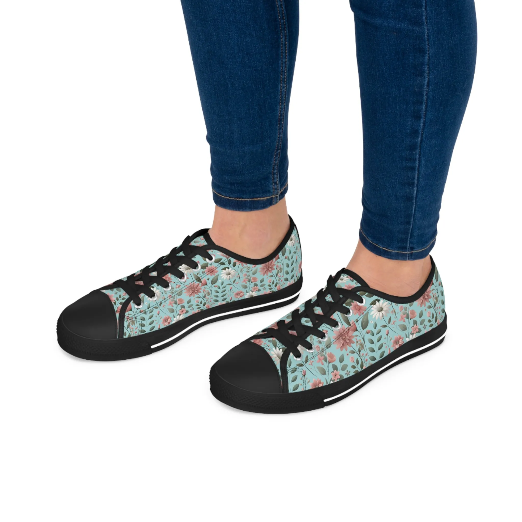 Aqua and Pink Floral Women's Low Top Sneakers Breathable Polyester Canvas, Lightweight Stylish Floral Pastel Design, Comfortable All-Day Wear, Perfect for Walking and Everyday Activities