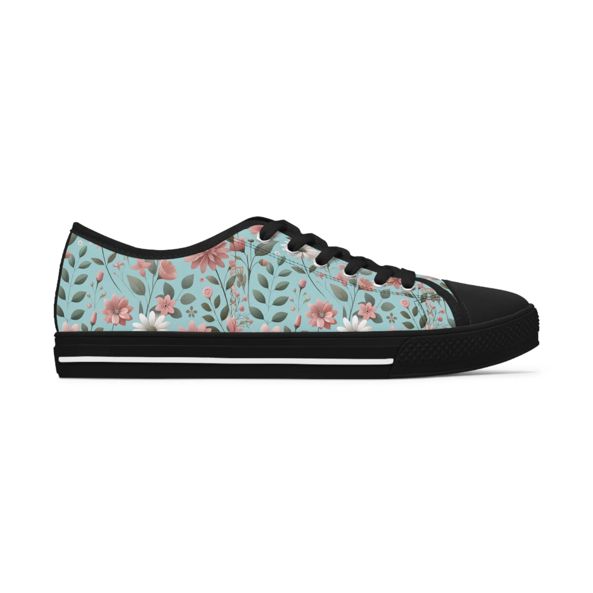 Aqua and Pink Floral Women's Low Top Sneakers Breathable Polyester Canvas, Lightweight Stylish Floral Pastel Design, Comfortable All-Day Wear, Perfect for Walking and Everyday Activities
