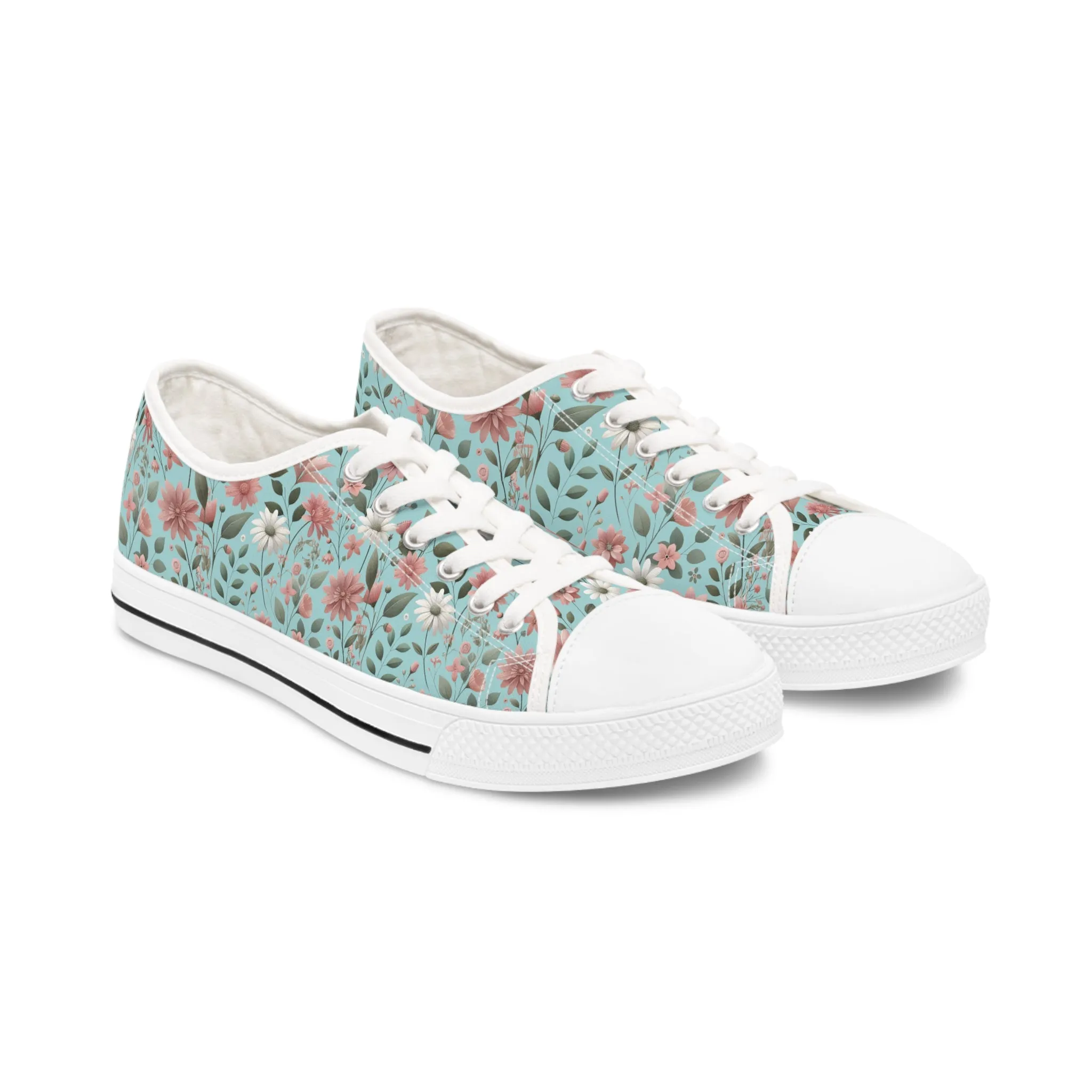 Aqua and Pink Floral Women's Low Top Sneakers Breathable Polyester Canvas, Lightweight Stylish Floral Pastel Design, Comfortable All-Day Wear, Perfect for Walking and Everyday Activities