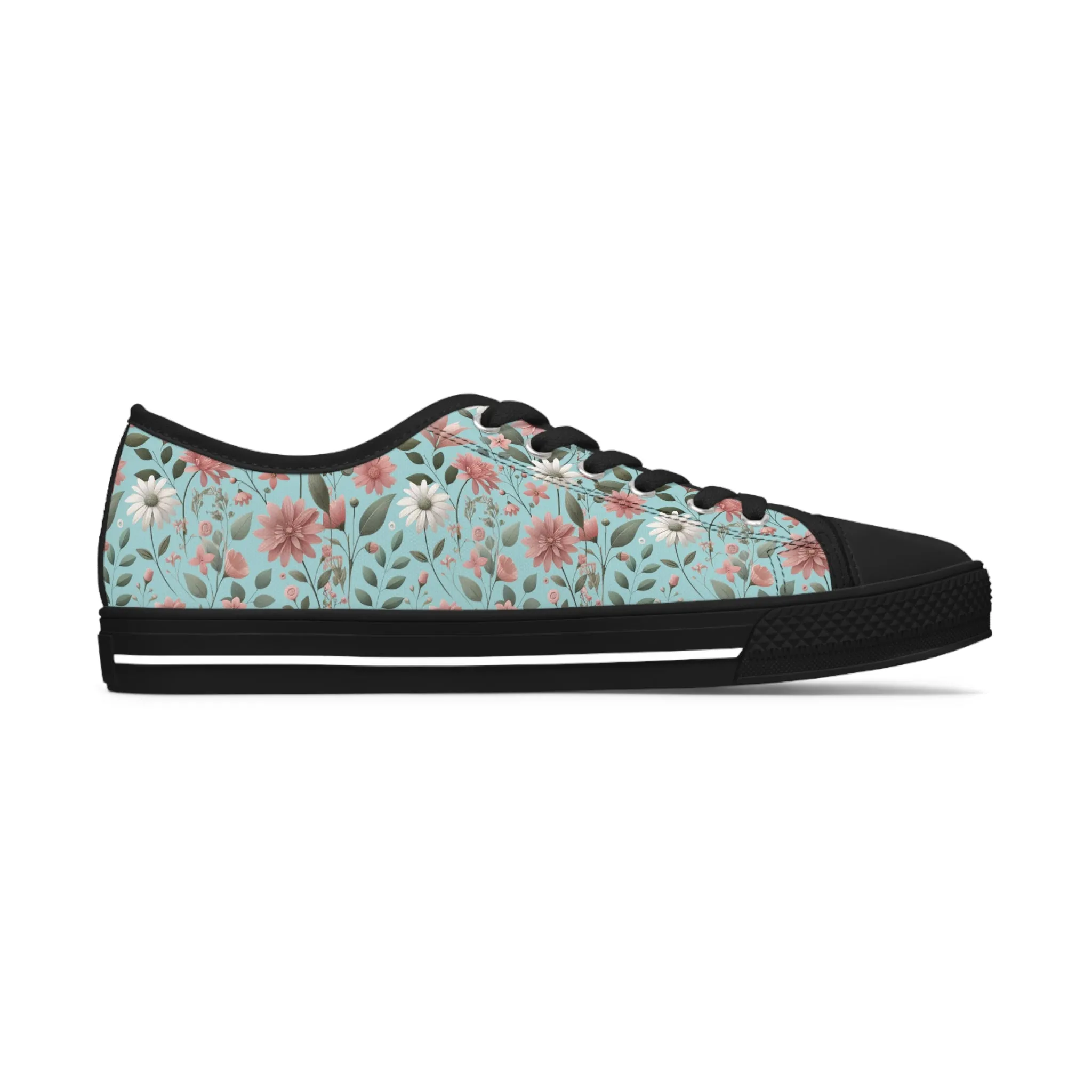 Aqua and Pink Floral Women's Low Top Sneakers Breathable Polyester Canvas, Lightweight Stylish Floral Pastel Design, Comfortable All-Day Wear, Perfect for Walking and Everyday Activities