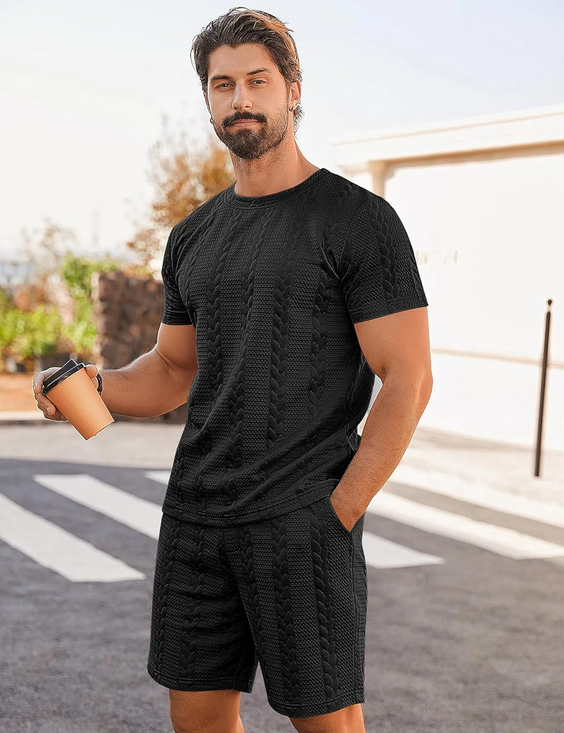 Babioboa Men's Short Sleeve Tracksuit Summer T Shirt & Shorts set Striped Jaquard Solid Two Piece Casual Daily Duty-off