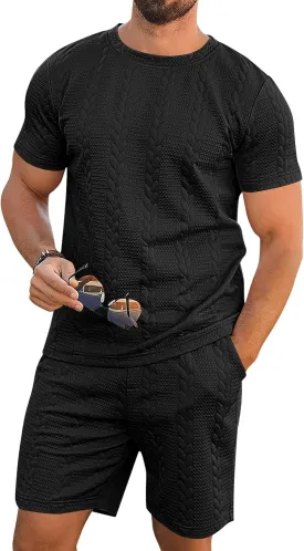 Babioboa Men's Short Sleeve Tracksuit Summer T Shirt & Shorts set Striped Jaquard Solid Two Piece Casual Daily Duty-off