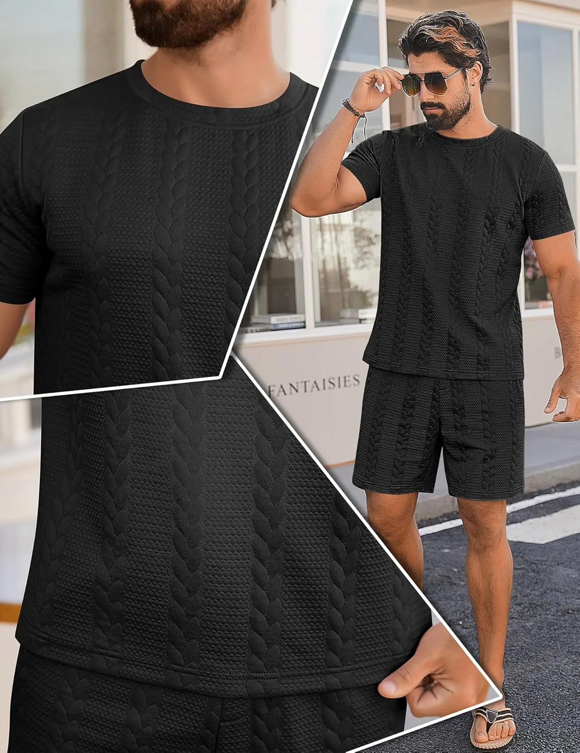 Babioboa Men's Short Sleeve Tracksuit Summer T Shirt & Shorts set Striped Jaquard Solid Two Piece Casual Daily Duty-off