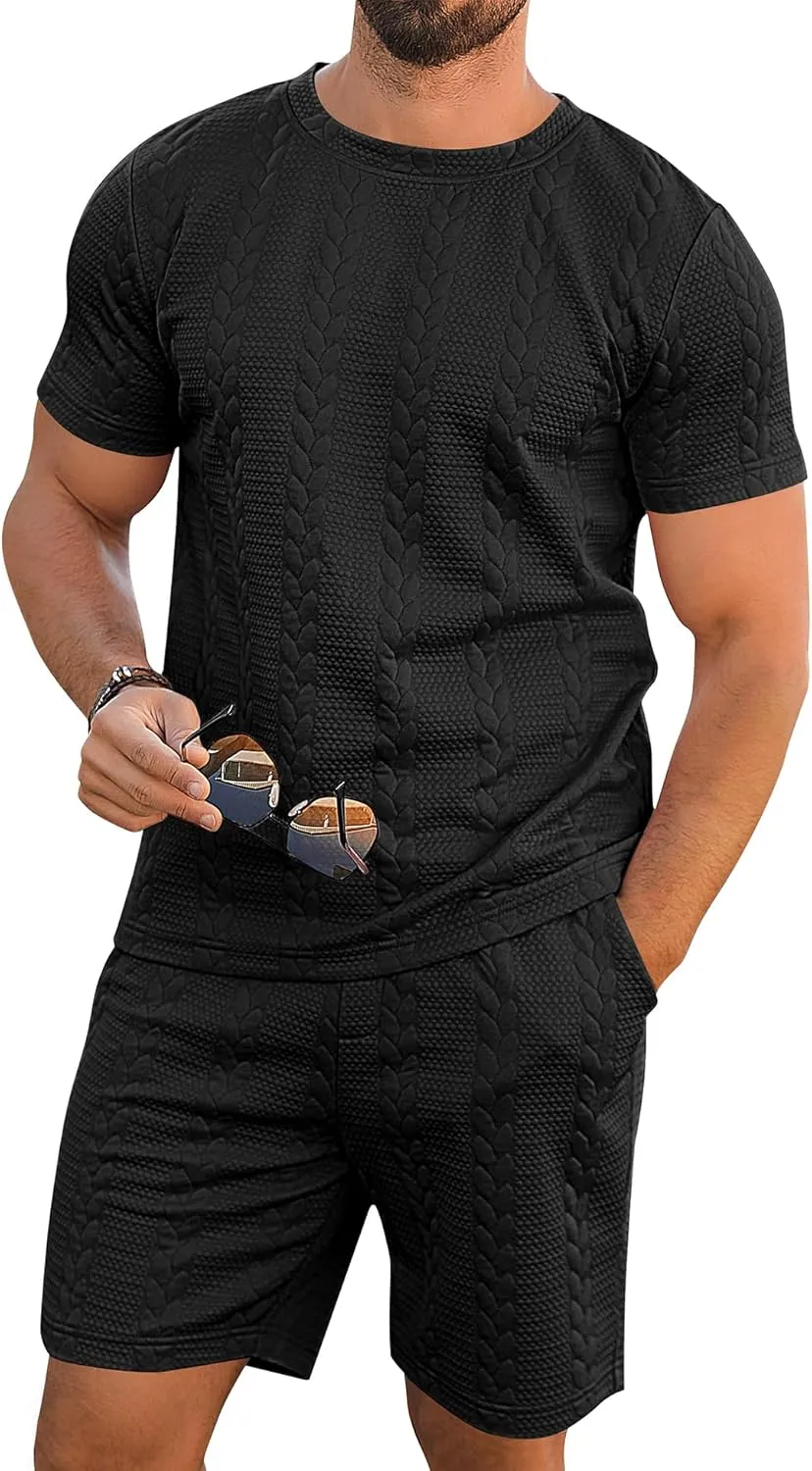Babioboa Men's Short Sleeve Tracksuit Summer T Shirt & Shorts set Striped Jaquard Solid Two Piece Casual Daily Duty-off