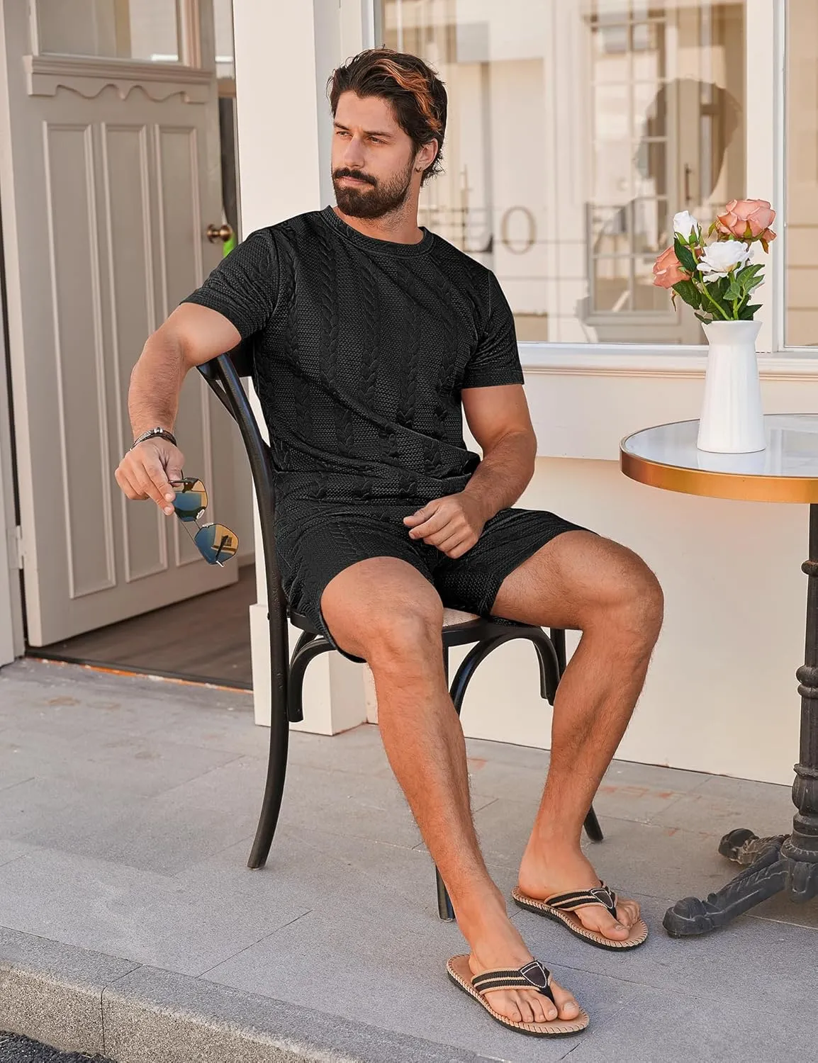 Babioboa Men's Short Sleeve Tracksuit Summer T Shirt & Shorts set Striped Jaquard Solid Two Piece Casual Daily Duty-off