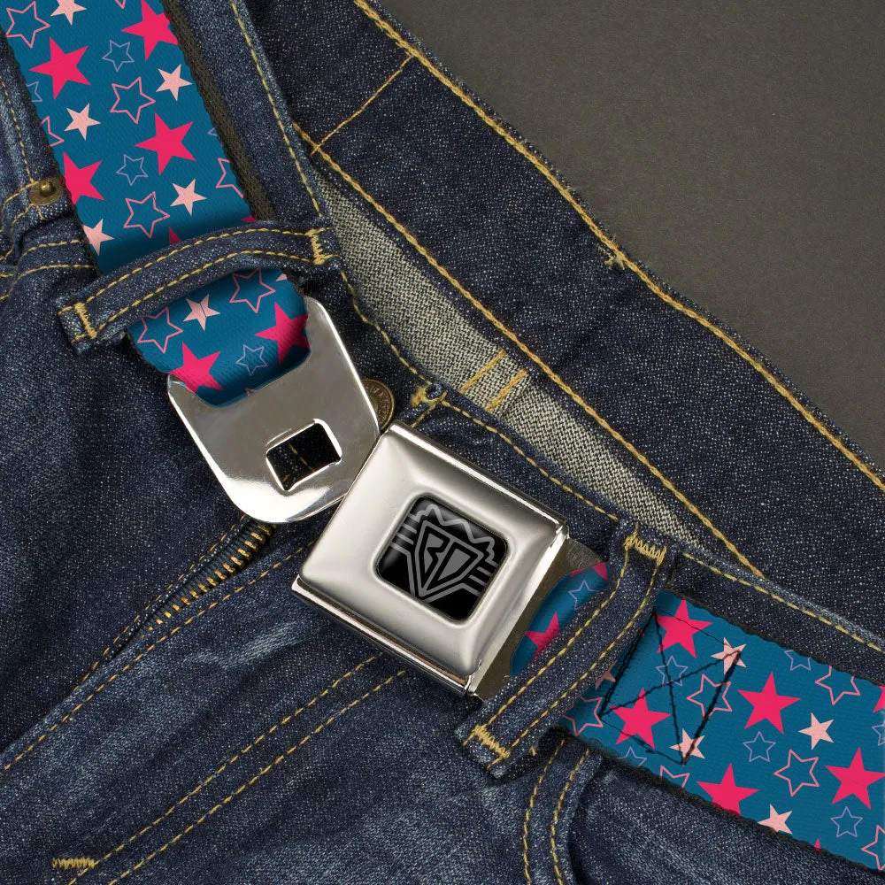 BD Wings Logo CLOSE-UP Black/Silver Seatbelt Belt - Mini Star Assortment Blue/Pinks Webbing