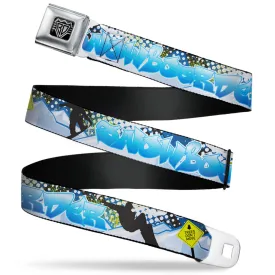 BD Wings Logo CLOSE-UP Full Color Black Silver Seatbelt Belt - Action Snowboard Pose Silhouettes/Tag/Mountains Blues/White/Black Webbing