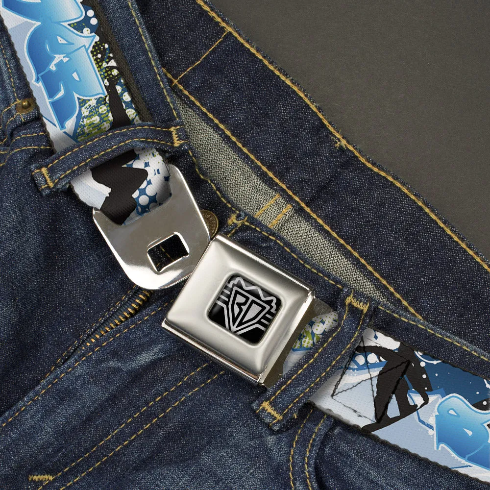BD Wings Logo CLOSE-UP Full Color Black Silver Seatbelt Belt - Action Snowboard Pose Silhouettes/Tag/Mountains Blues/White/Black Webbing