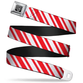 BD Wings Logo CLOSE-UP Full Color Black Silver Seatbelt Belt - Candy Cane3 Stripe White/3-Red Webbing