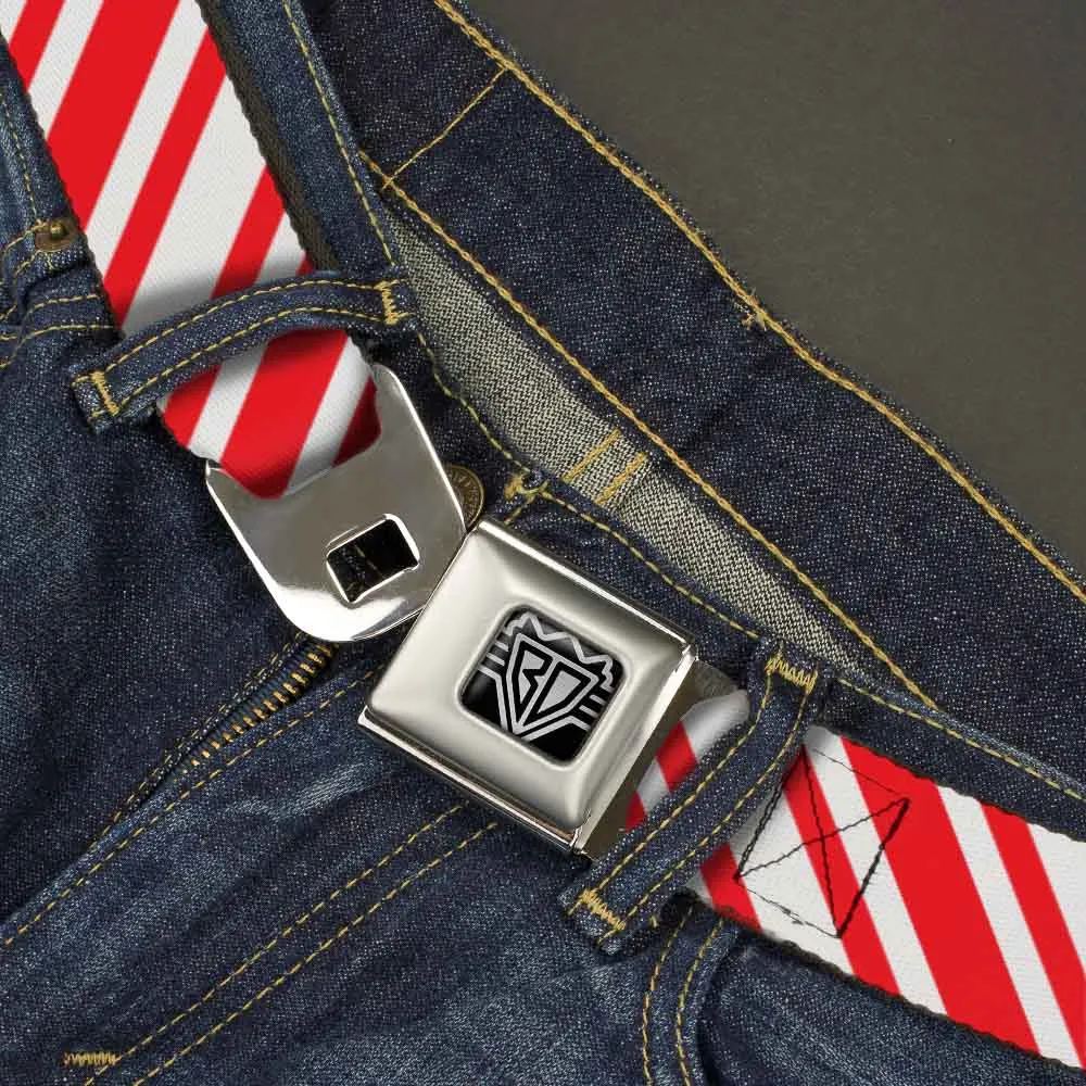 BD Wings Logo CLOSE-UP Full Color Black Silver Seatbelt Belt - Candy Cane3 Stripe White/3-Red Webbing
