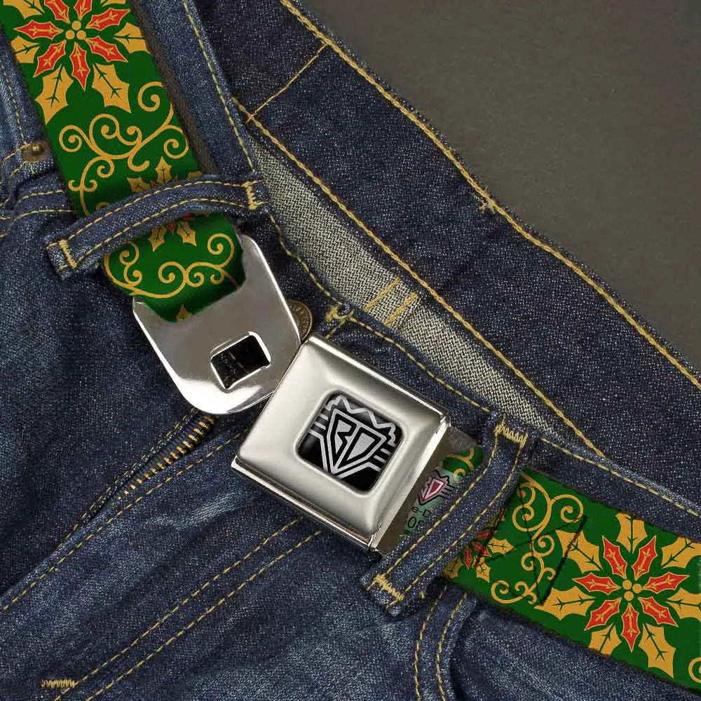 BD Wings Logo CLOSE-UP Full Color Black Silver Seatbelt Belt - Holiday Holly Green/Gold/Red Webbing