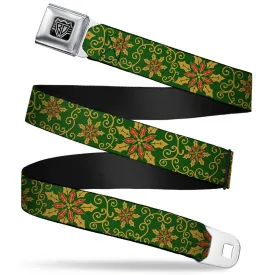 BD Wings Logo CLOSE-UP Full Color Black Silver Seatbelt Belt - Holiday Holly Green/Gold/Red Webbing