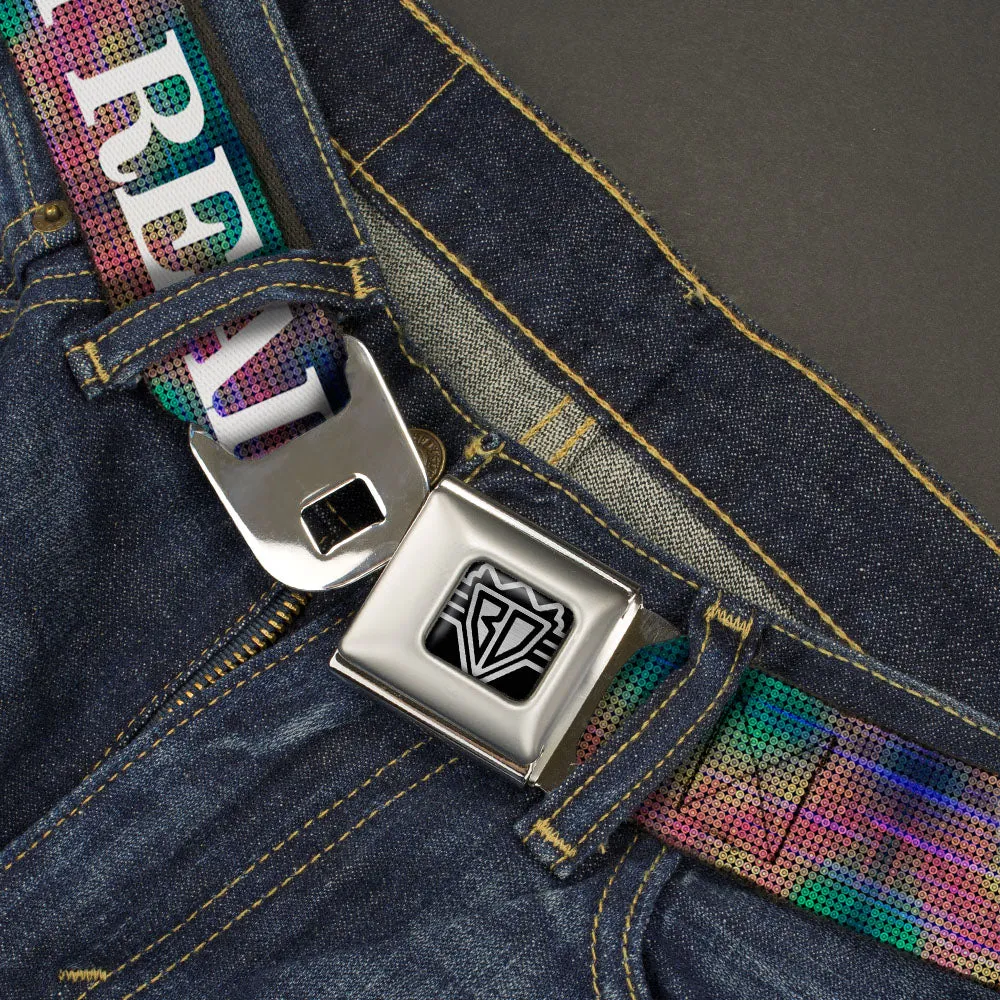 BD Wings Logo CLOSE-UP Full Color Black Silver Seatbelt Belt - I'M REALLY A MERMAID Multi Color Iridescence/White Webbing