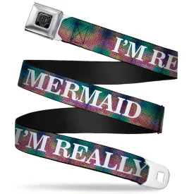 BD Wings Logo CLOSE-UP Full Color Black Silver Seatbelt Belt - I'M REALLY A MERMAID Multi Color Iridescence/White Webbing