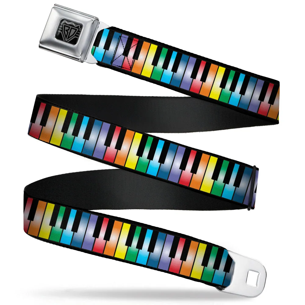 BD Wings Logo CLOSE-UP Full Color Black Silver Seatbelt Belt - Piano Keys Rainbow Webbing