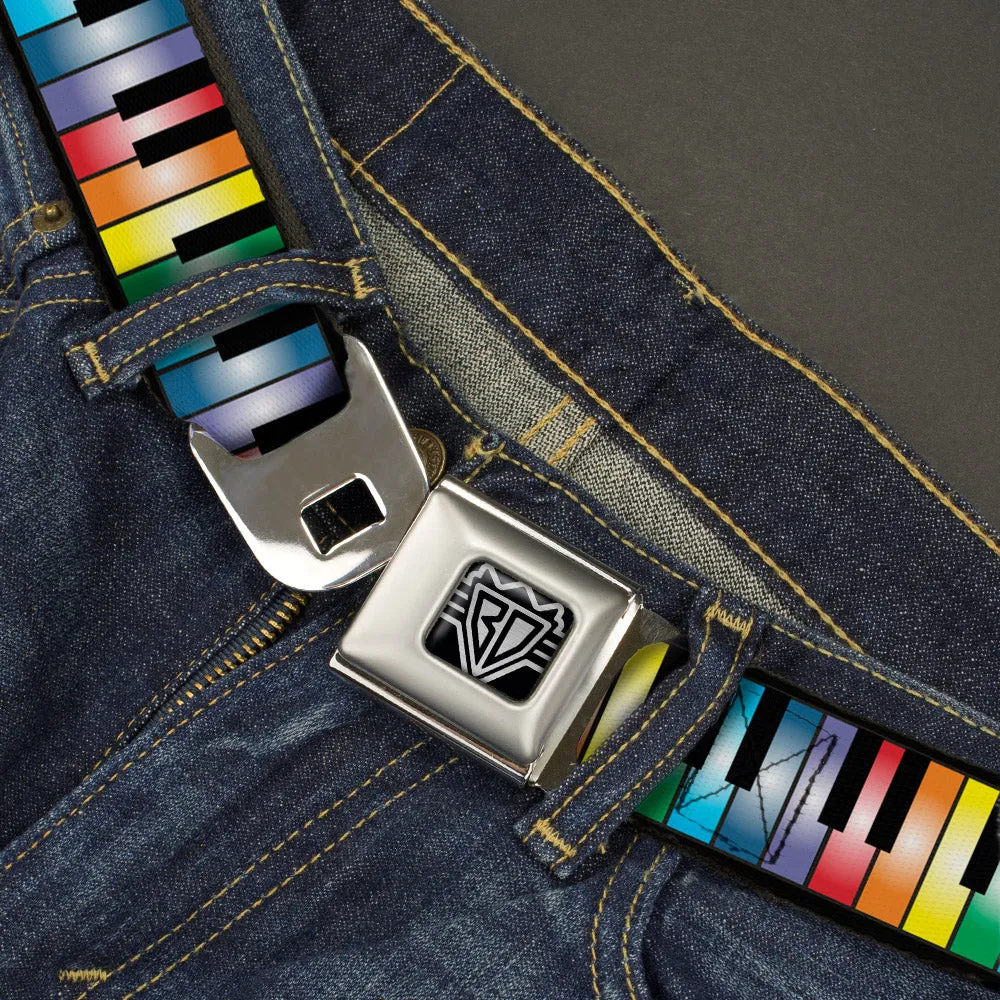 BD Wings Logo CLOSE-UP Full Color Black Silver Seatbelt Belt - Piano Keys Rainbow Webbing