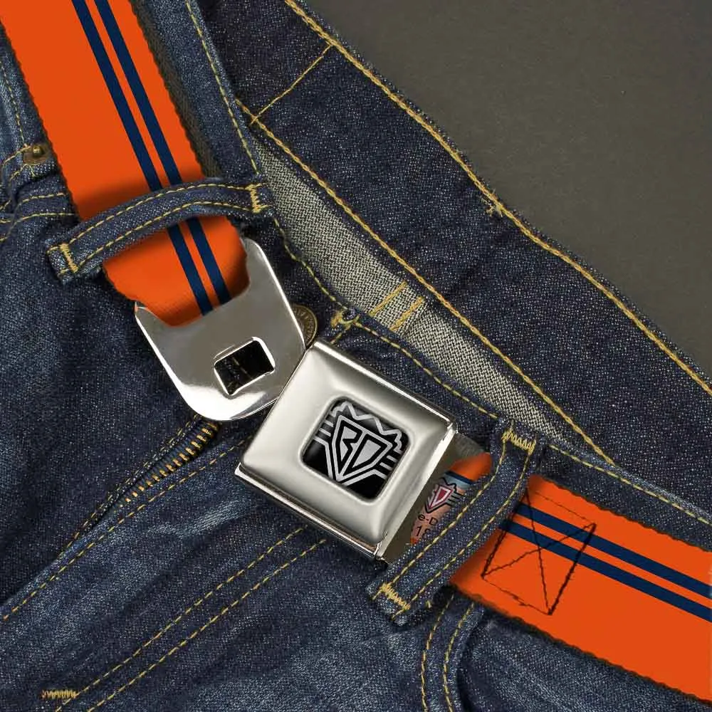 BD Wings Logo CLOSE-UP Full Color Black Silver Seatbelt Belt - Racing Stripe Orange/Navy Webbing