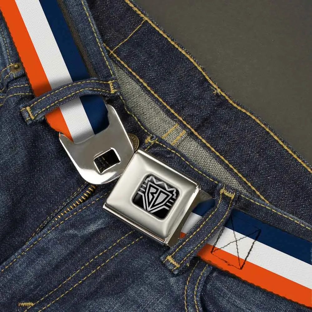 BD Wings Logo CLOSE-UP Full Color Black Silver Seatbelt Belt - Stripe Navy/White/Orange Webbing