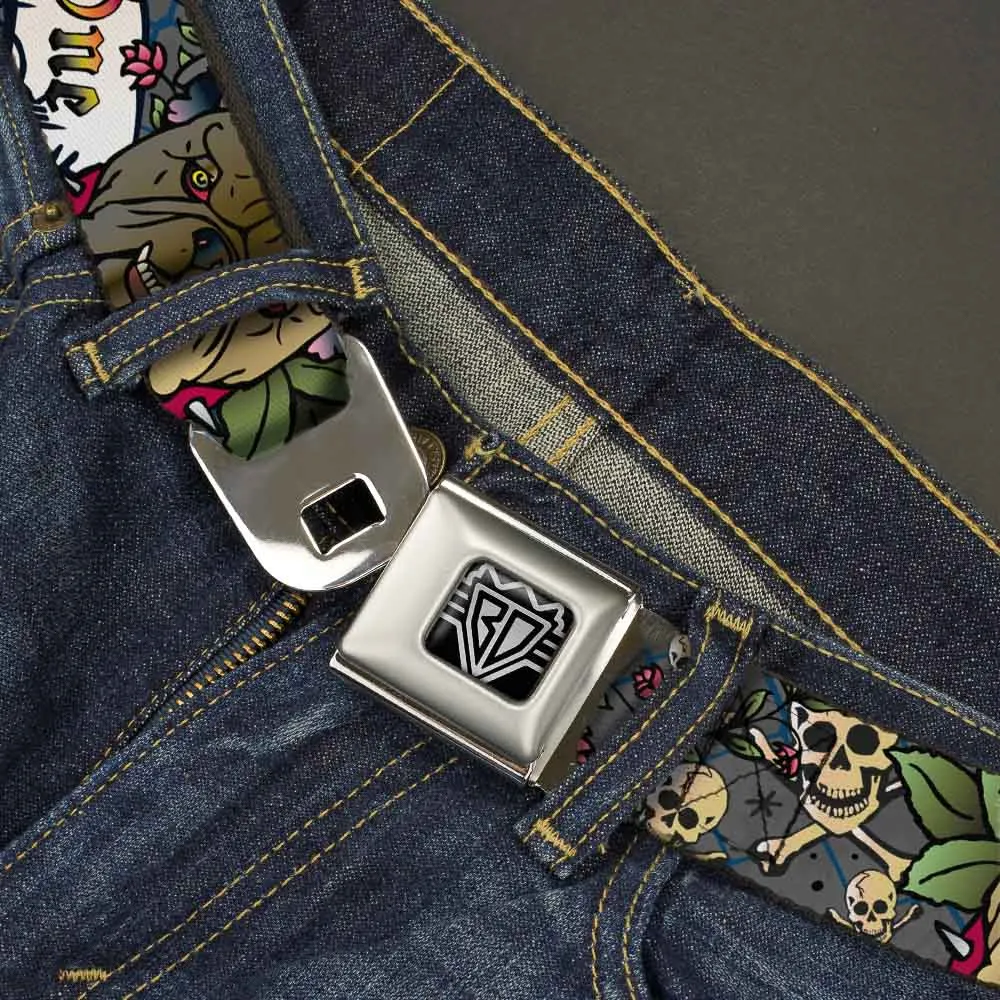BD Wings Logo CLOSE-UP Full Color Black Silver Seatbelt Belt - Trust No One Gray Webbing