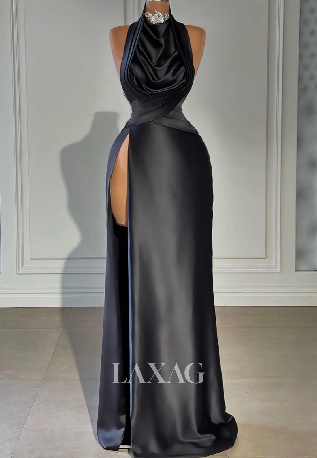 Beaded High-Neck Off-Shoulder Sleeveless Formal Gowns Pleated Floor-Length Mermaid Prom Dress