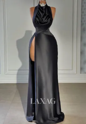 Beaded High-Neck Off-Shoulder Sleeveless Formal Gowns Pleated Floor-Length Mermaid Prom Dress