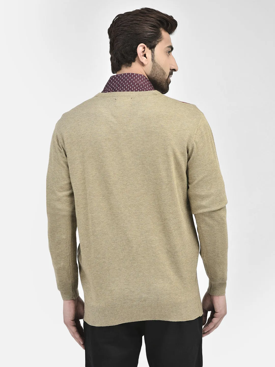 Beige Printed V-Neck Sweaters