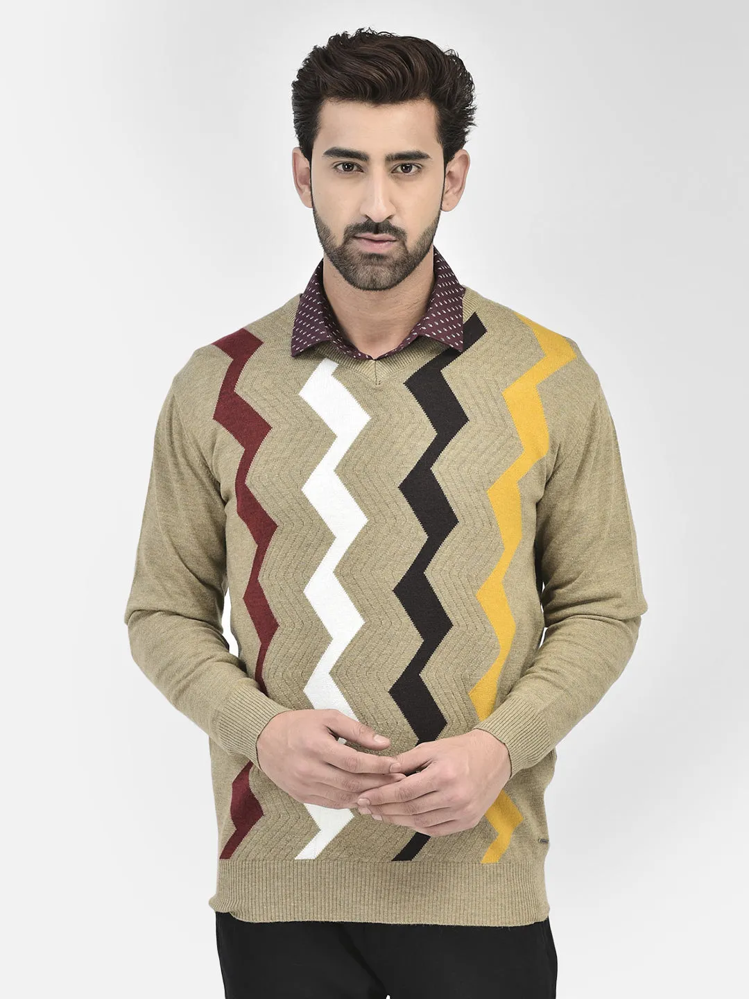 Beige Printed V-Neck Sweaters