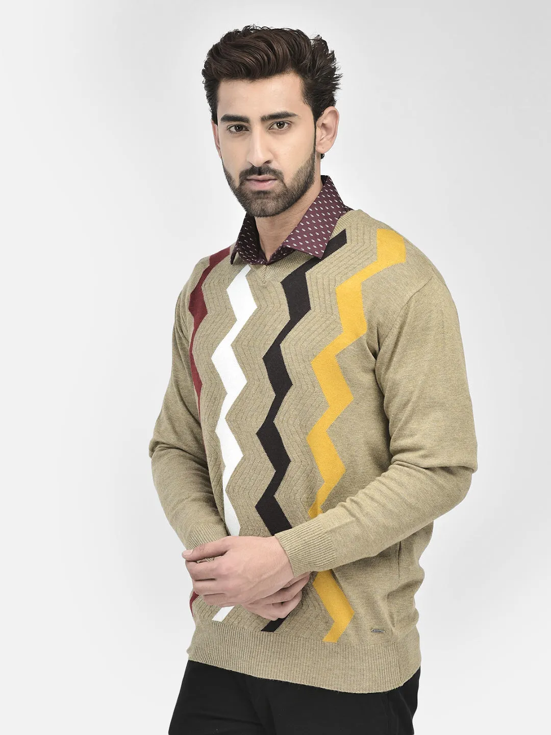 Beige Printed V-Neck Sweaters