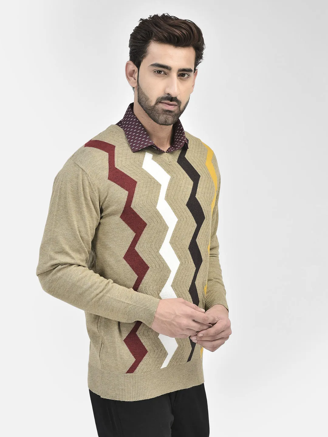 Beige Printed V-Neck Sweaters