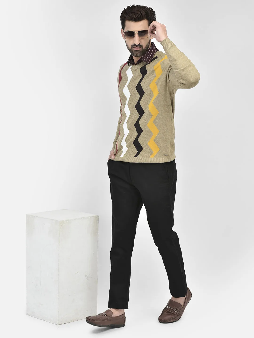 Beige Printed V-Neck Sweaters