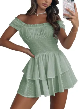 Bingerlily Womens Summer Off Shoulder Mini Dress Cute Chiffon Slim Fit Dresses