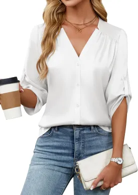 Blooming Jelly Womens Button Down Shirts 3/4 Sleeve Dressy Casual Tops Pleated Satin Silk Business Blouses 2025