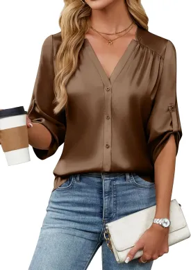 Blooming Jelly Womens Button Down Shirts 3/4 Sleeve Dressy Casual Tops Pleated Satin Silk Business Blouses 2025