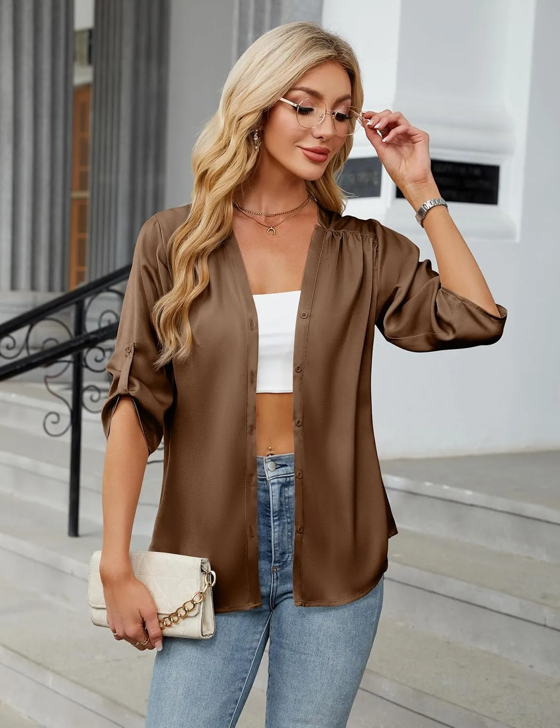 Blooming Jelly Womens Button Down Shirts 3/4 Sleeve Dressy Casual Tops Pleated Satin Silk Business Blouses 2025