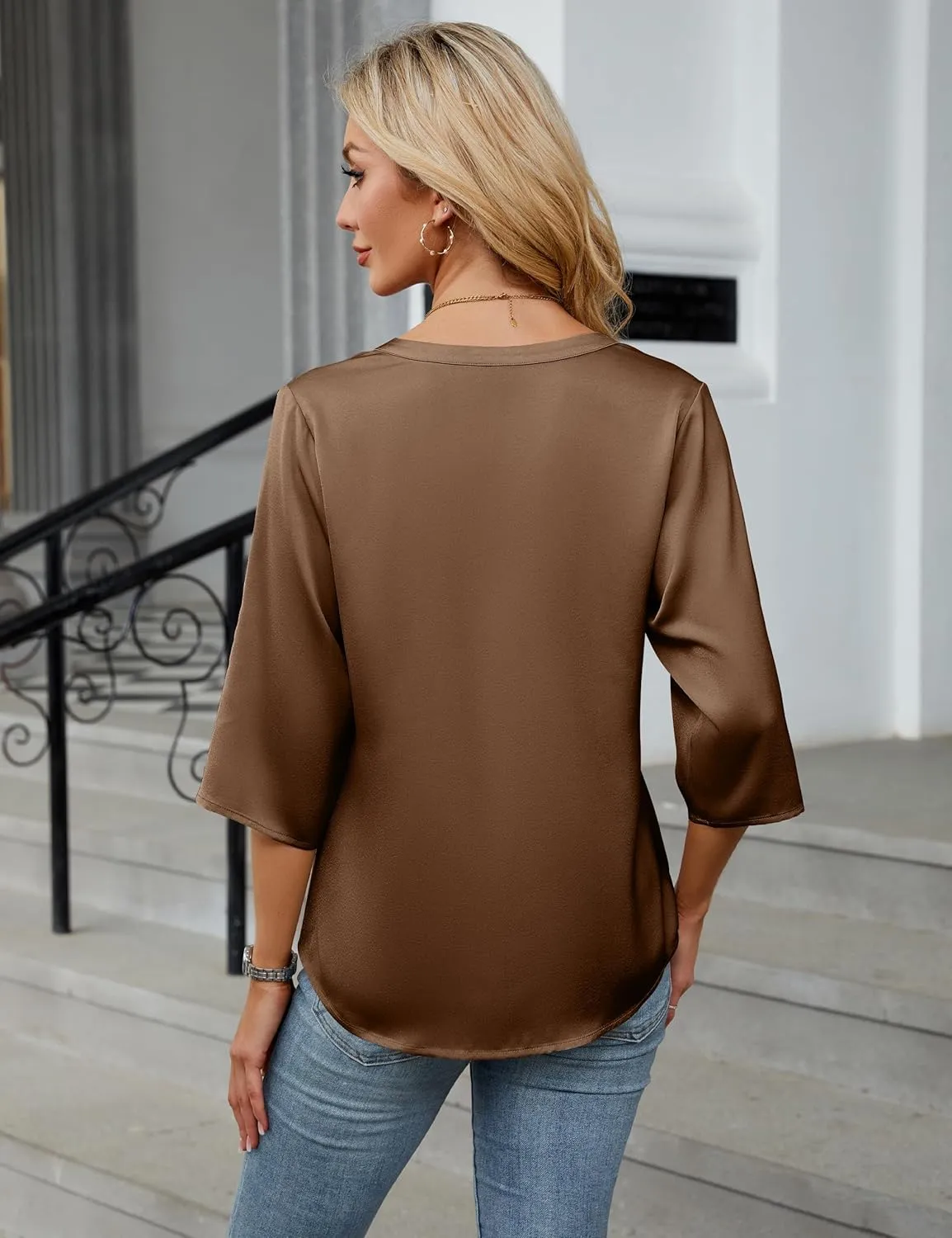 Blooming Jelly Womens Button Down Shirts 3/4 Sleeve Dressy Casual Tops Pleated Satin Silk Business Blouses 2025