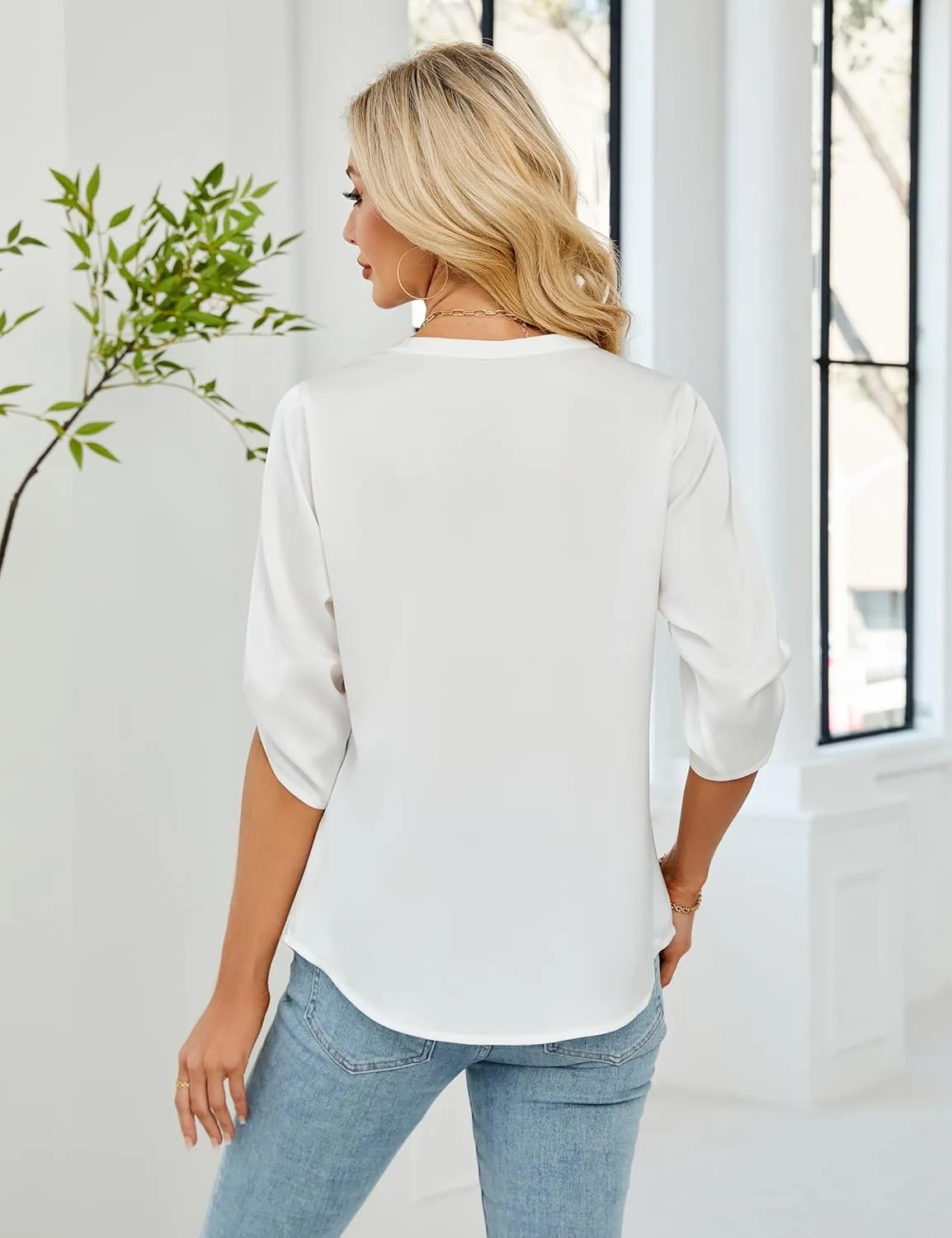 Blooming Jelly Womens Button Down Shirts 3/4 Sleeve Dressy Casual Tops Pleated Satin Silk Business Blouses 2025