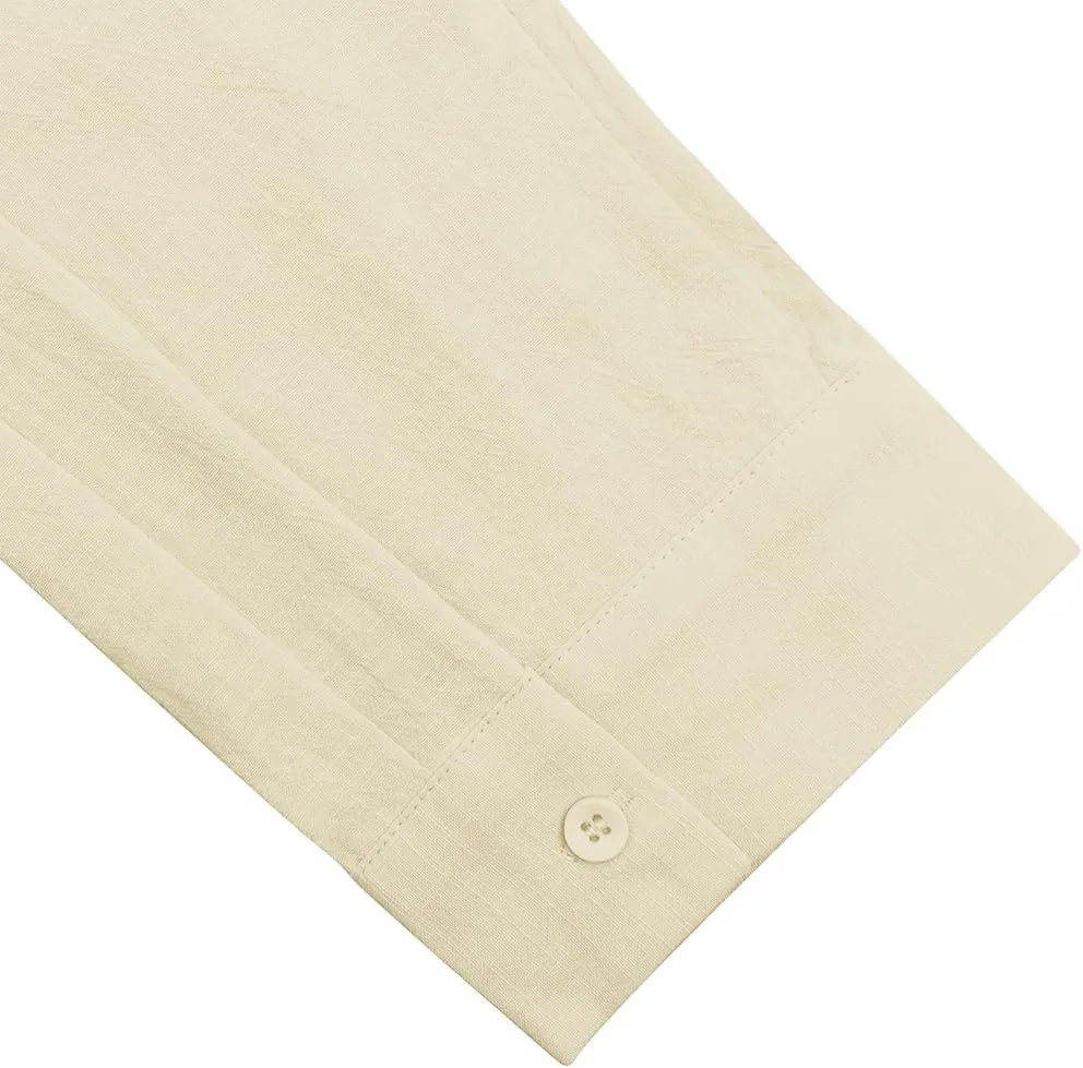 Button Down Linen Shirts for Men Casual Long Sleeve Regular Fit Cotton Beach Shirts with Pocket