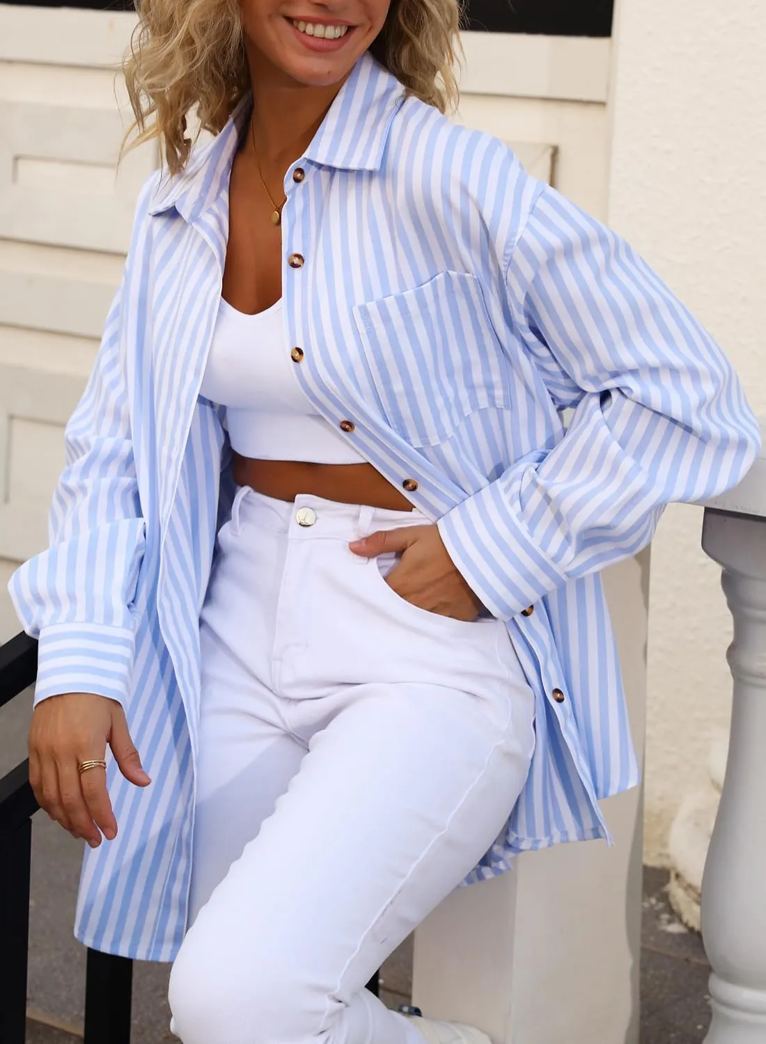 CHYRII Womens Striped Button Down Shirt Casual Long Sleeve Blouse Top